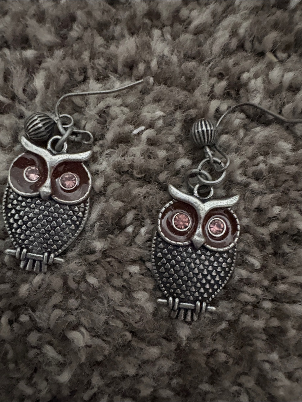 Silver Owl Drop Earrings with Pink Crystal Eyes
